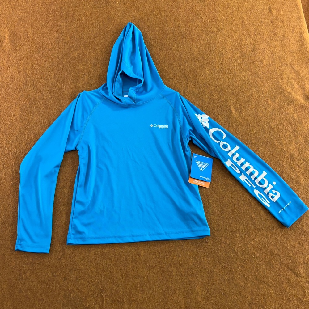 Columbia Youth Small Blue PFG Deep Waves Long Sleeve Hoodie NWT *Flaw